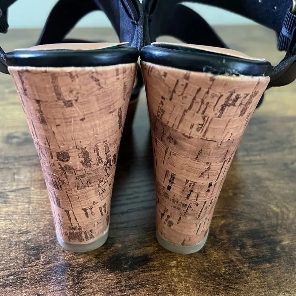 American Eagle Black Thick Strappy Cork Open Toe Platforms